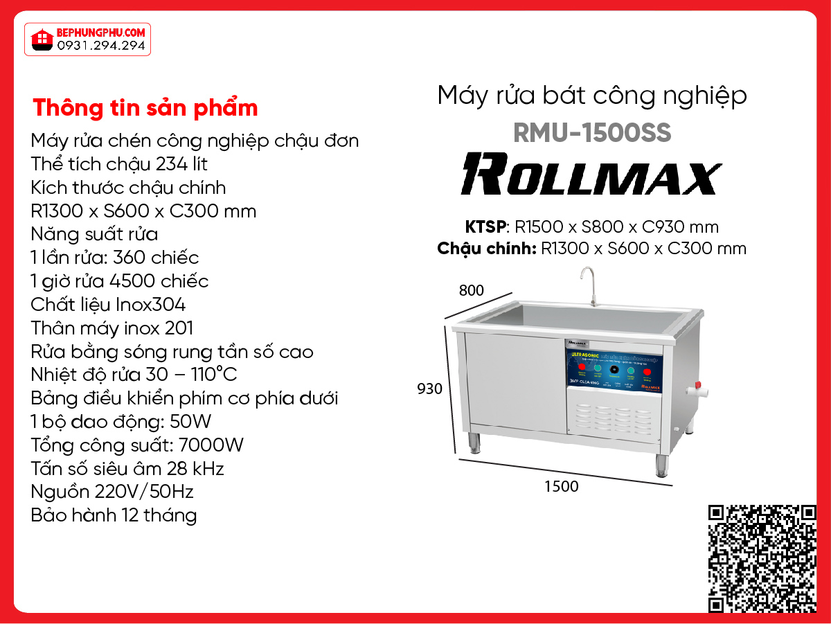 Máy rửa chén công nghiệp Rollmax RMU-1500SS