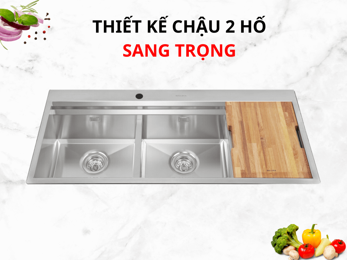 Thiết kế chậu 2 hố có bàn chờ, tích hợp phụ kiện tiện lợi