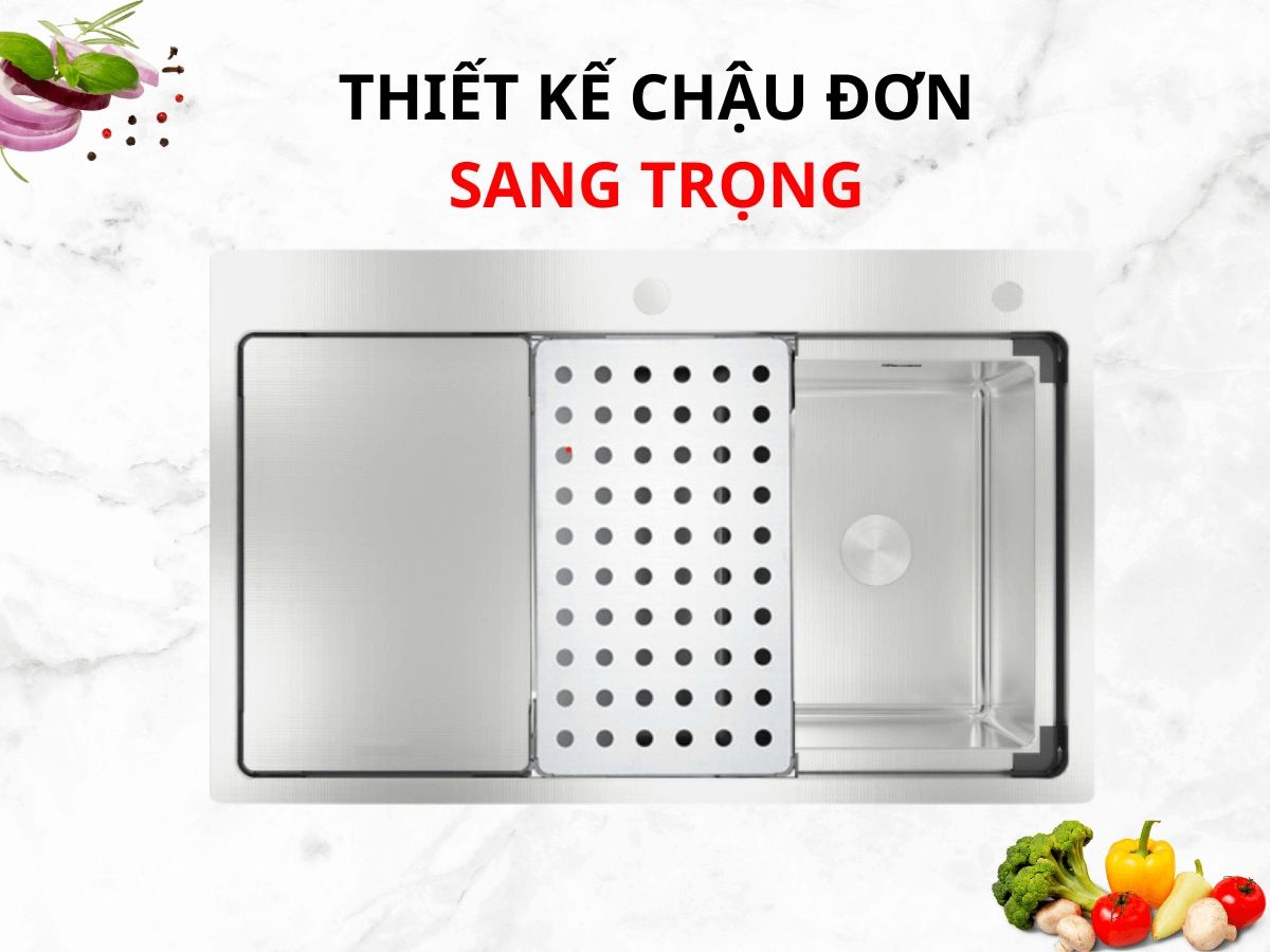 Thiết kế chậu đơn sang trọng, tích hợp phụ kiện tiện lợi