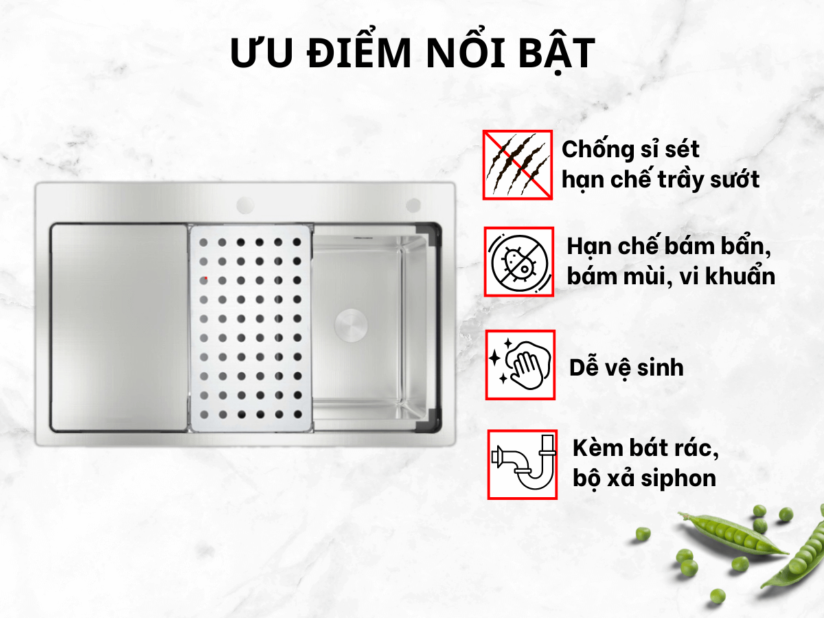 Kèm bát rác và bộ xả siphon thoát nước nhanh, ngăn mùi tốt