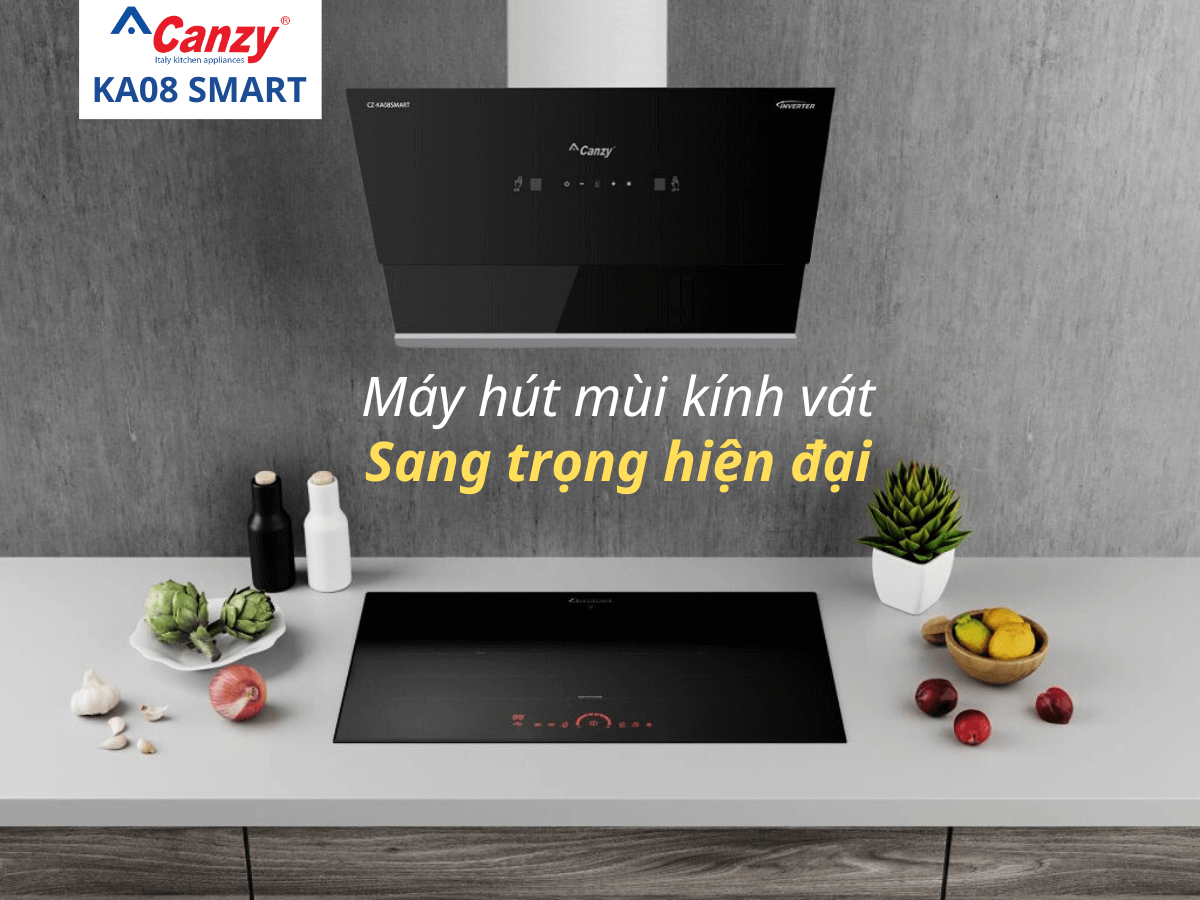 Máy hút mùi Canzy CZ KA08 Smart thiết kế gắn tường kính vát hiện đại