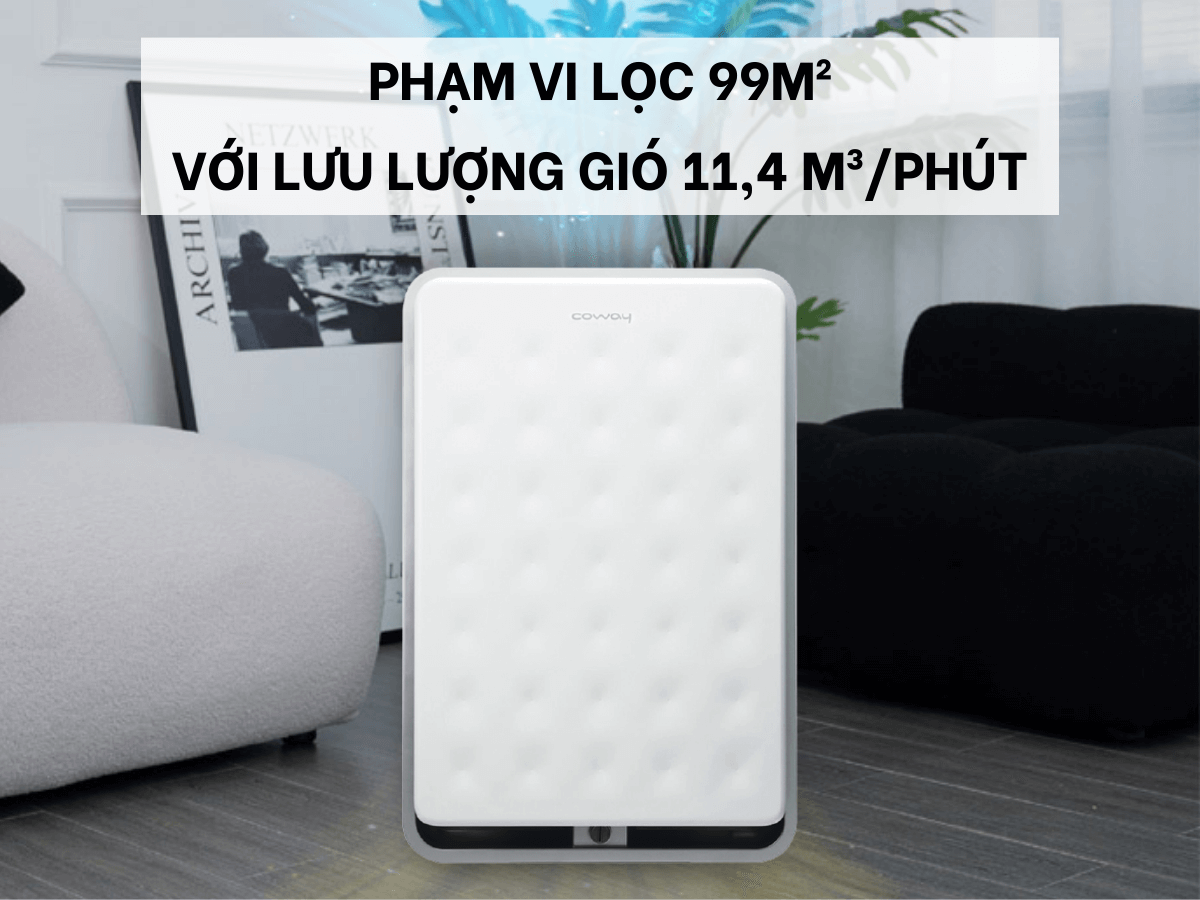 Phạm vi lọc 99m² với lưu lượng gió 11,4 m³/phút