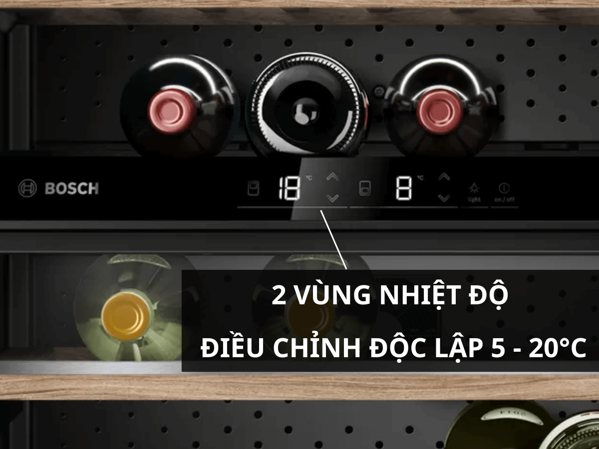 2 vùng nhiệt độ, điều chỉnh độc lập 5 - 20°C