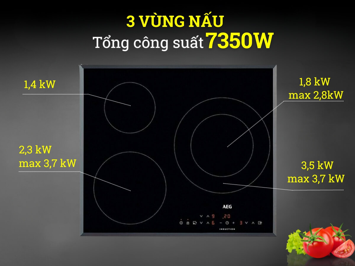 3 vùng nấu tổng công suất 7350W