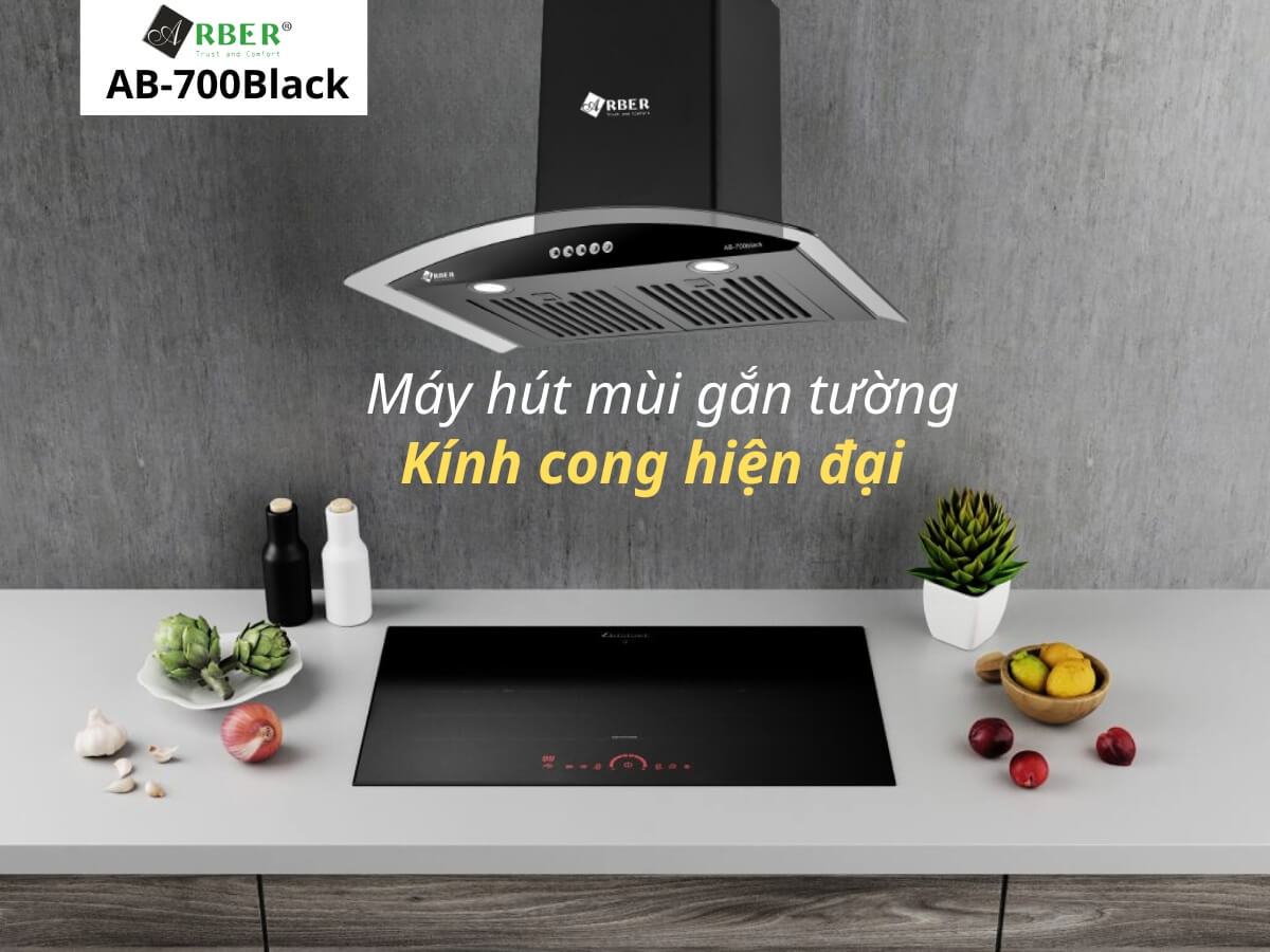 Máy hút mùi Arber AB-700Black thiết kế treo tường kính cong hiện đại