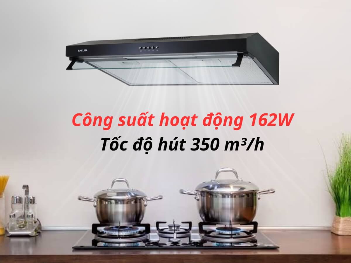 Công suất hút 350 m³/h xử lý tốt khói mùi khi nấu ăn