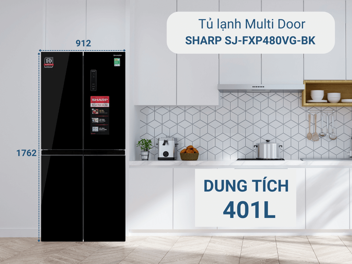 Tủ lạnh Sharp SJ-FXP480VG-BK thiết kế 4 cánh sang trọng