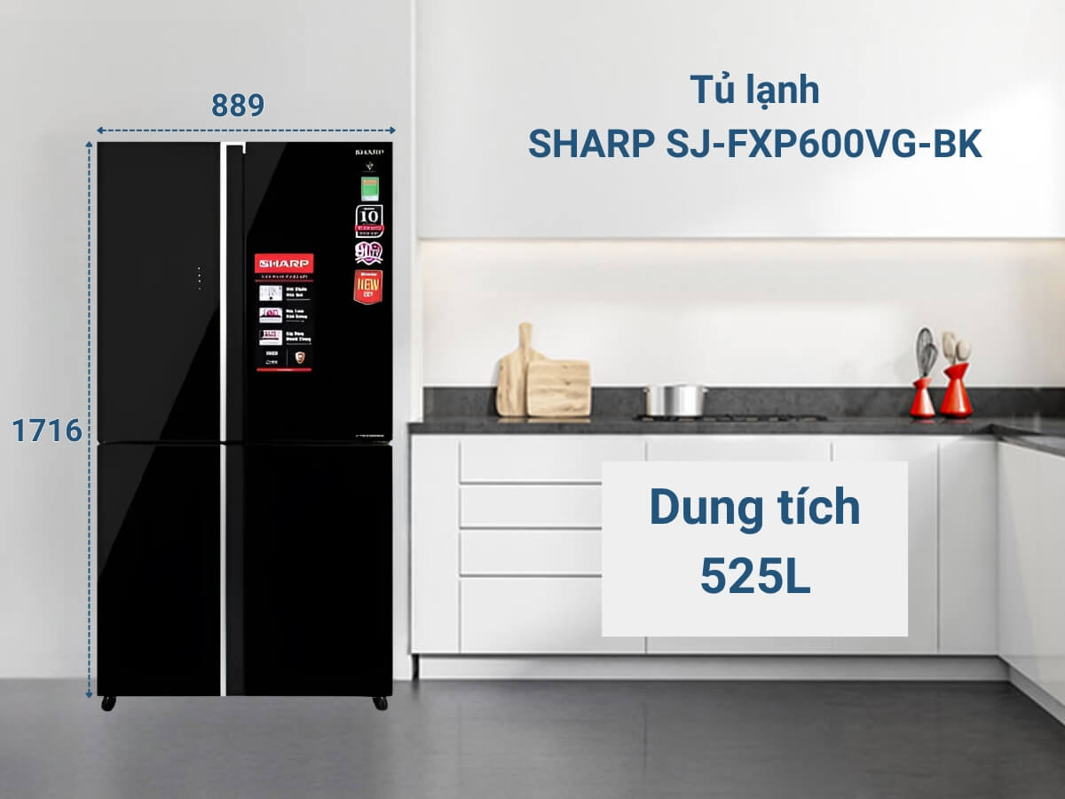 Tủ lạnh Sharp SJ-FXP600VG-BK thiết kế 4 cánh sang trọng
