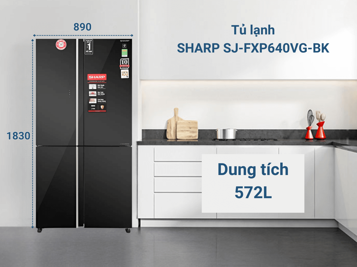 Tủ lạnh Sharp SJ-FXP640VG-BK thiết kế 4 cánh sang trọng