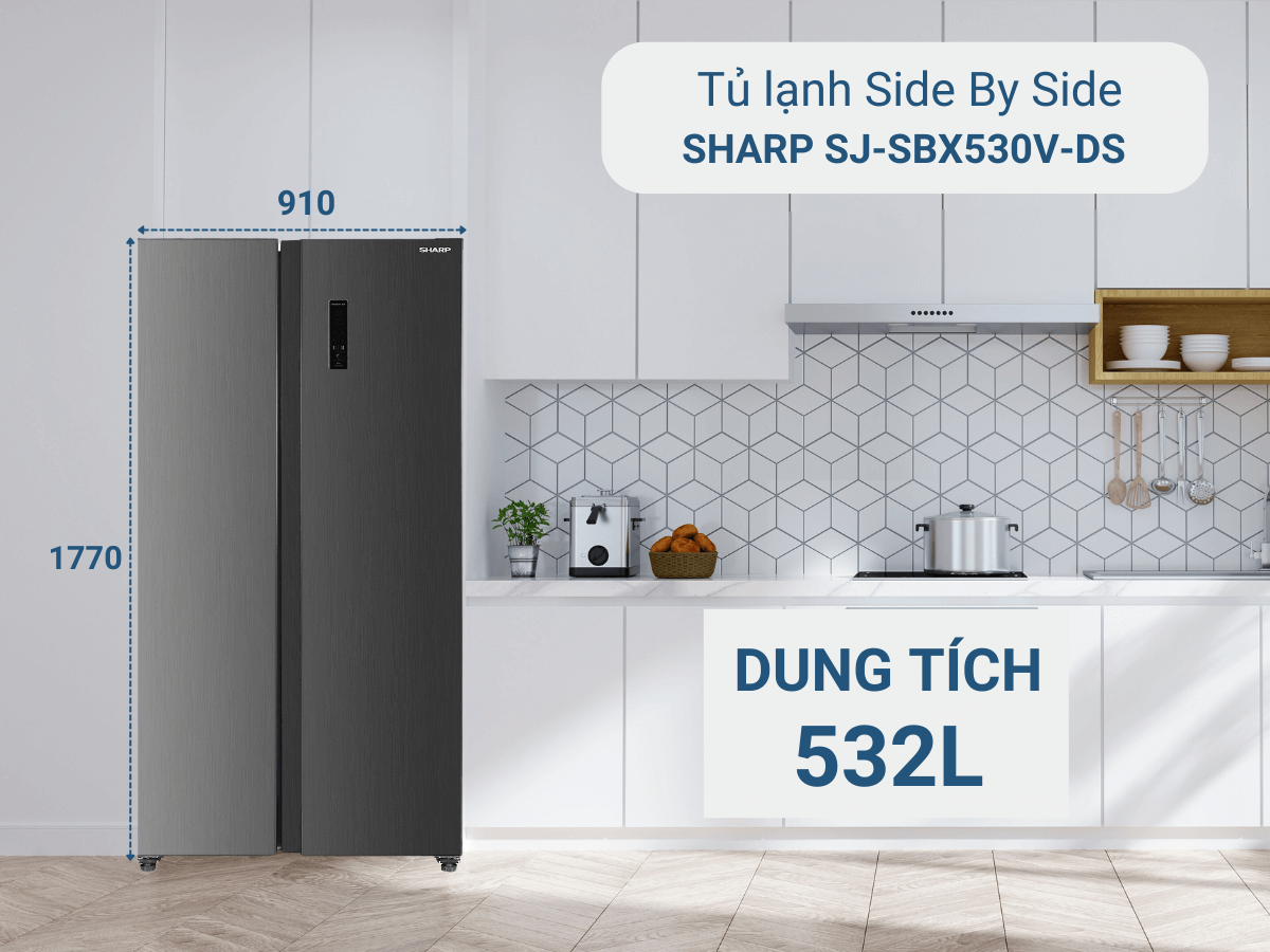 Tủ lạnh Sharp SJ-SBX530V-DS thiết kế Side By Side sang trọng
