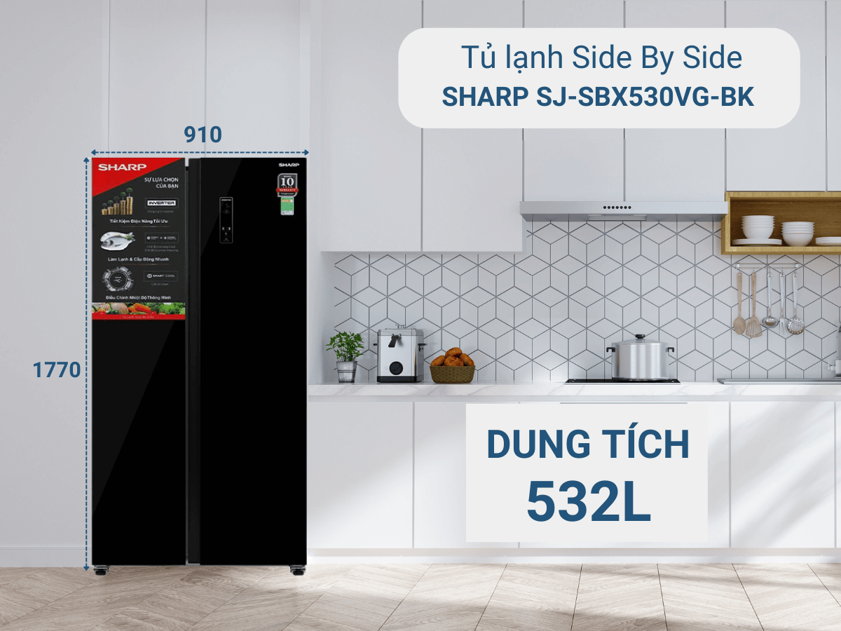 Tủ lạnh Sharp SJ-SBX530VG-BK thiết kế Side By Side sang trọng