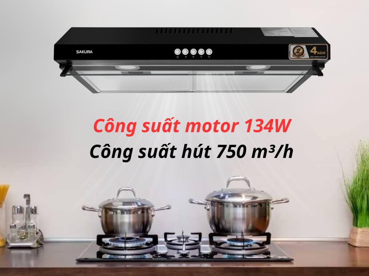 Công suất hút 750 m³/h xử lý tốt khói mùi khi nấu ăn