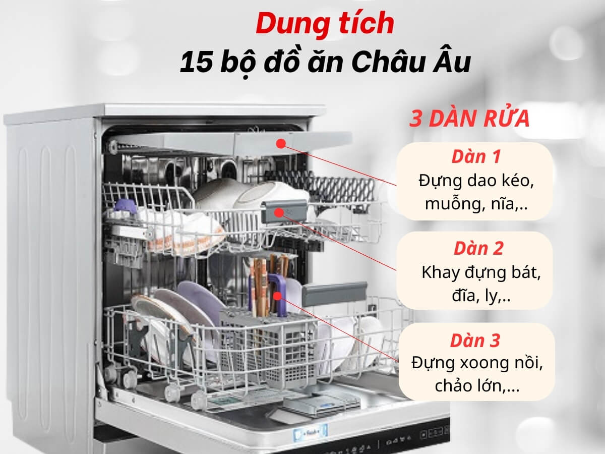 3 dàn rửa, dung tích 15 bộ đồ ăn châu Âu