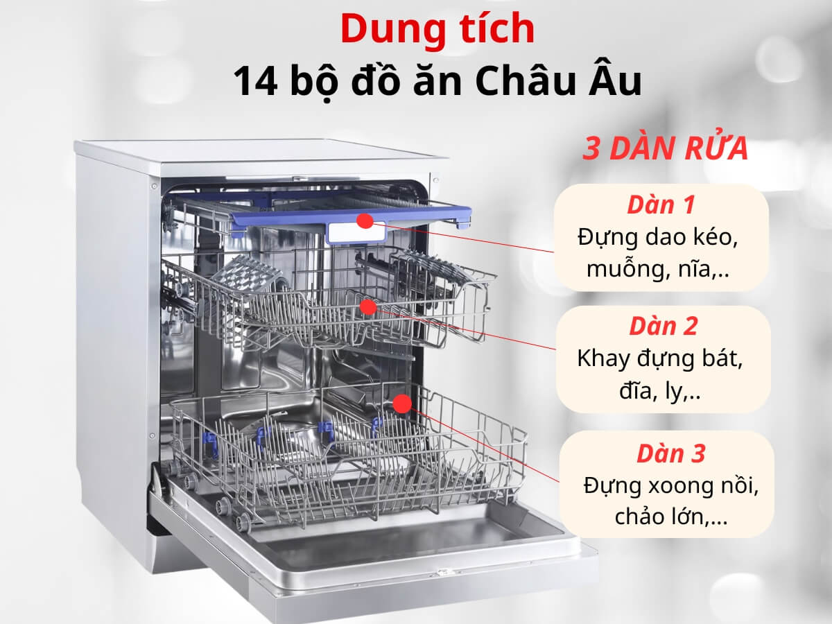 3 dàn rửa, dung tích 14 bộ đồ ăn châu Âu