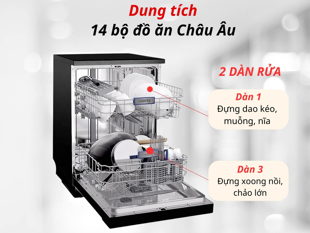 2 dàn rửa, dung tích 14 bộ đồ ăn châu Âu