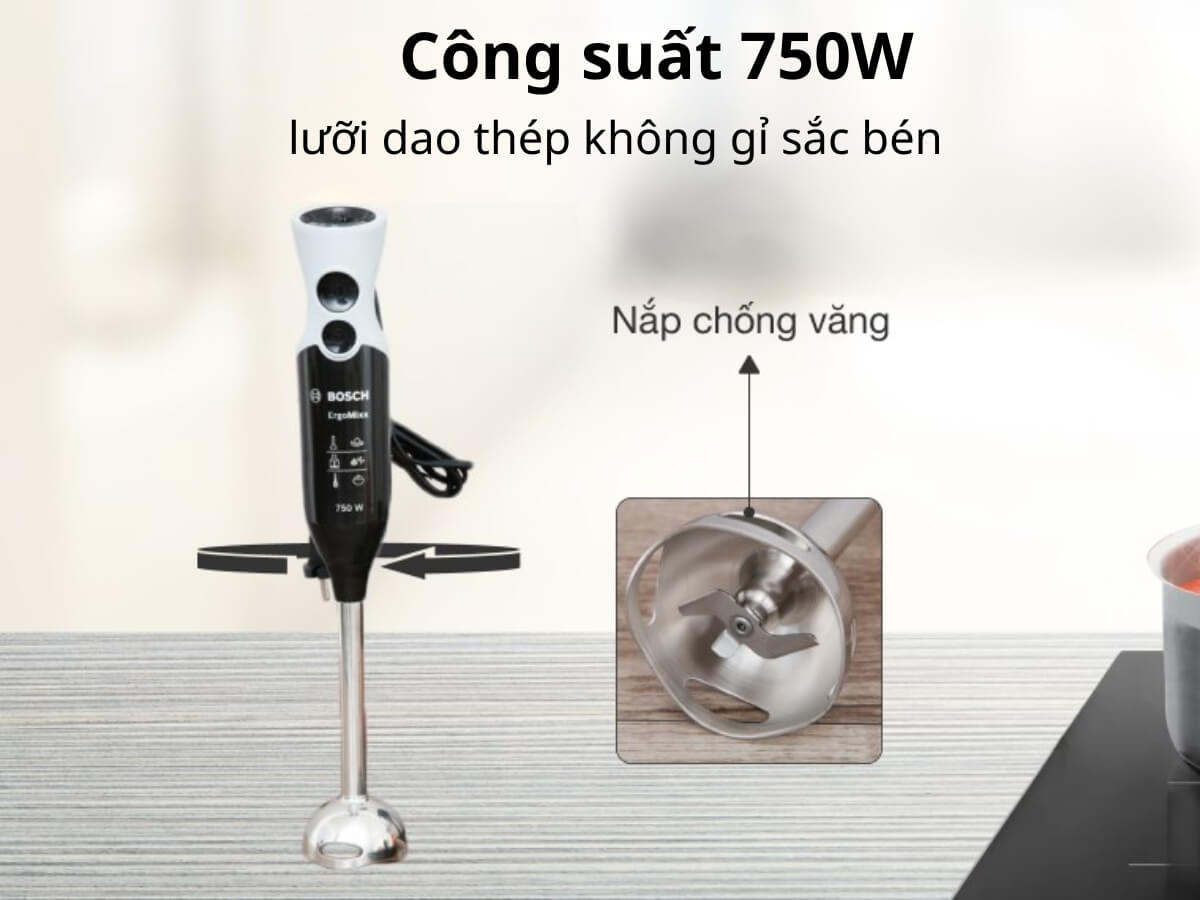 Công suất 750W, lưỡi dao thép không gỉ sắc bén