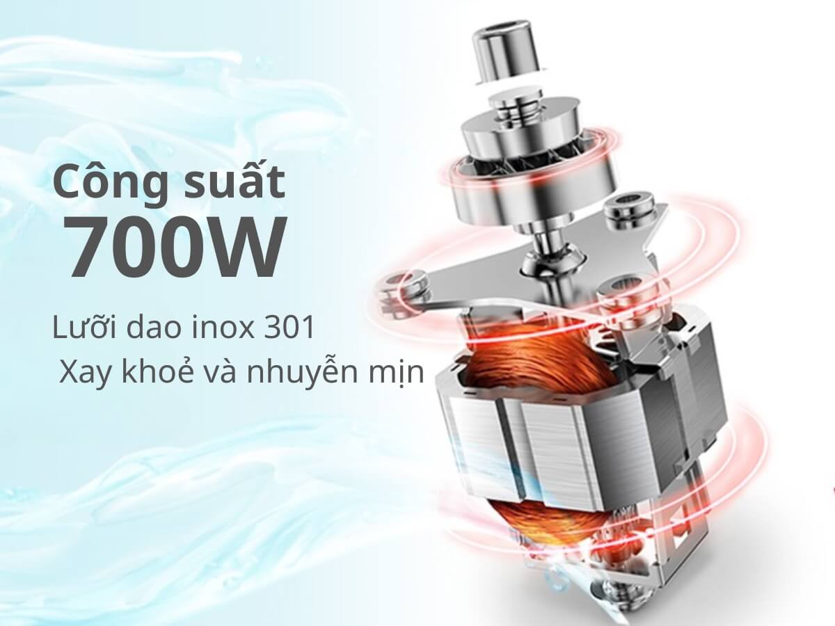 Công suất 700W + lưỡi dao inox 301, xay khoẻ và nhuyễn mịn