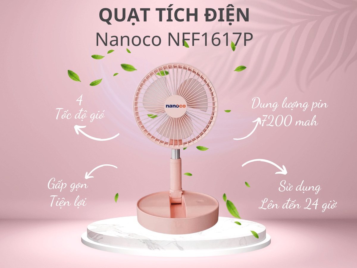 Quạt tích điện Nanoco NFF1617P thiết kế nhỏ gọn, tiện lợi