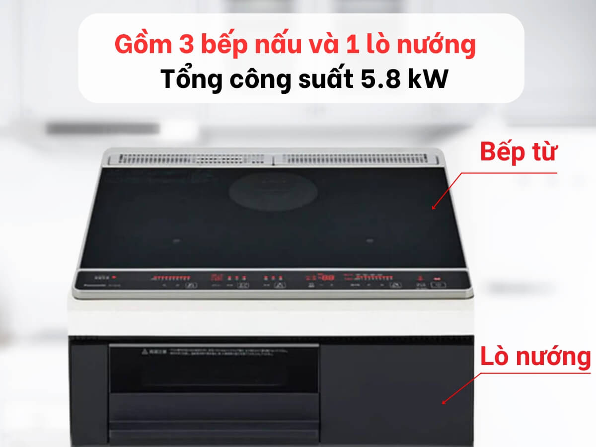 Gồm 3 bếp nấu và 1 lò nướng, tổng công suất 5.8 kW
