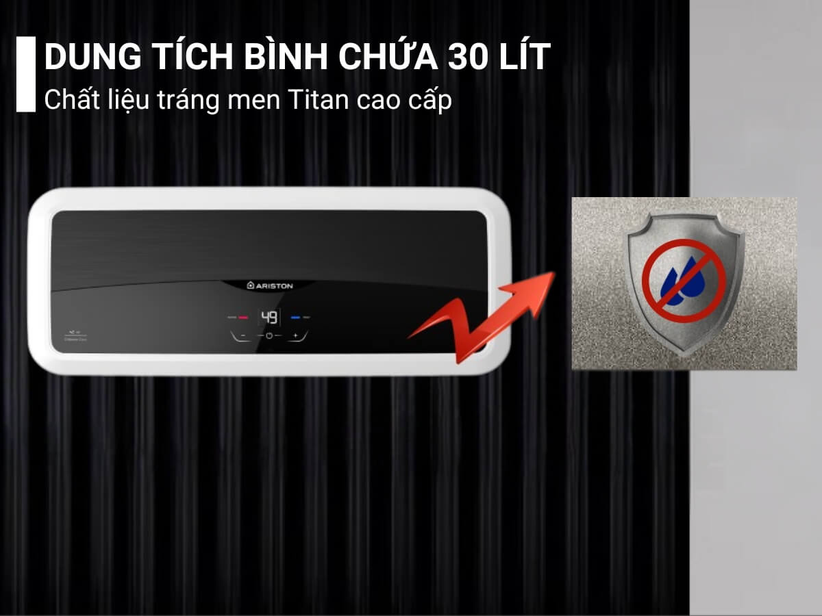 Dung tích bình chứa 30 lít, chất liệu tráng men Titan cao cấp