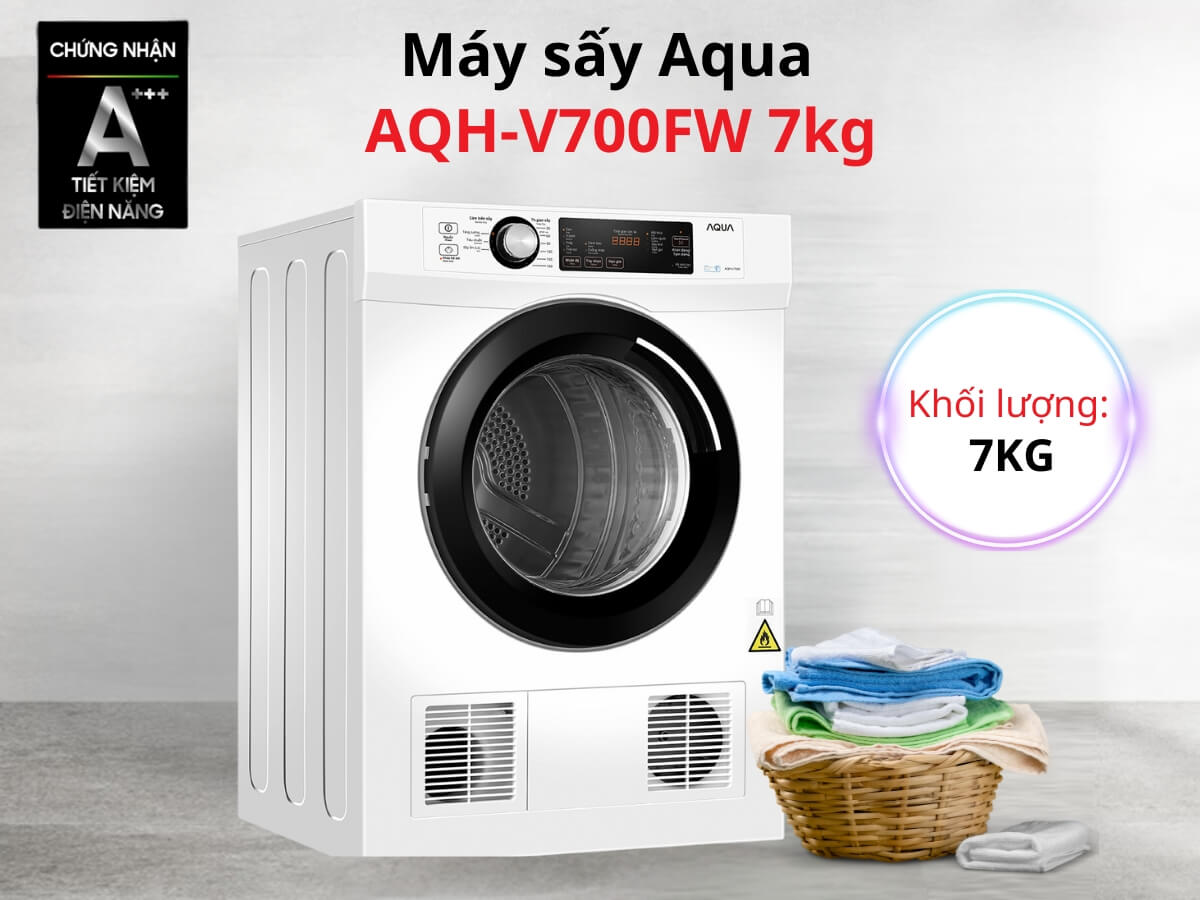 Máy sấy Aqua AQH-V700FW thiết kế cửa trước hiện đại, khối lượng sấy 7kg