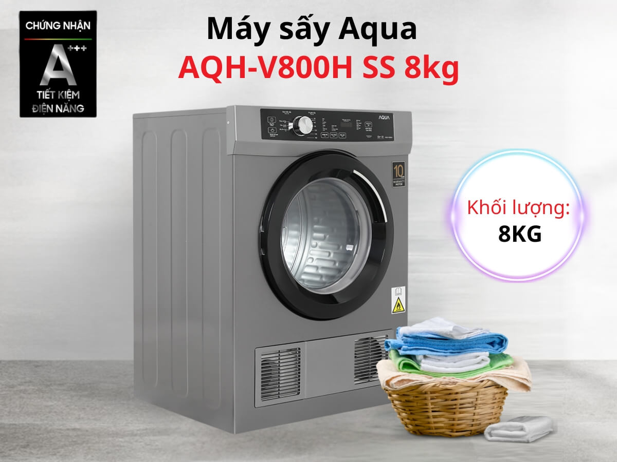 Máy sấy Aqua AQH-V800H SS thiết kế cửa trước hiện đại, khối lượng sấy 8kg