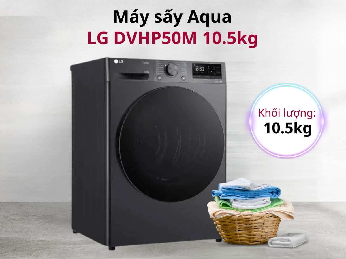 Máy sấy LG DVHP50M thiết kế cửa trước hiện đại, khối lượng sấy 10.5kg