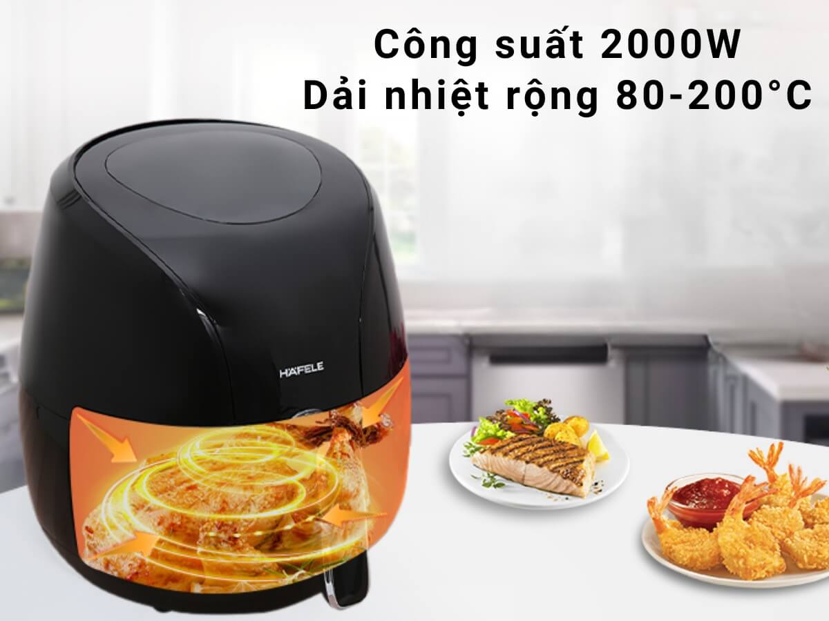 Công suất 2000W, dải nhiệt rộng 80-200°C, hẹn giờ đến 60 phút