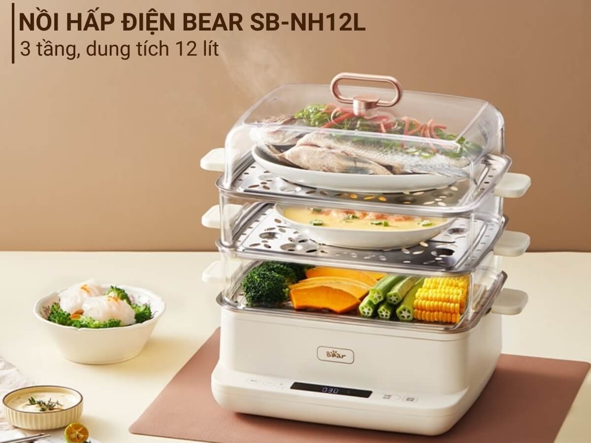 Nồi hấp điện đa năng Bear SB-NH12L dung tích 12 lít, thiết kế thông minh