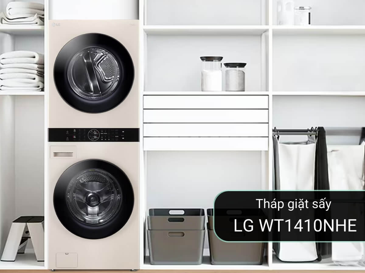 Tháp giặt sấy LG WT1410NHE thiết kế độc đáo, sang trọng, khối lượng giặt 14kg, sấy 10kg