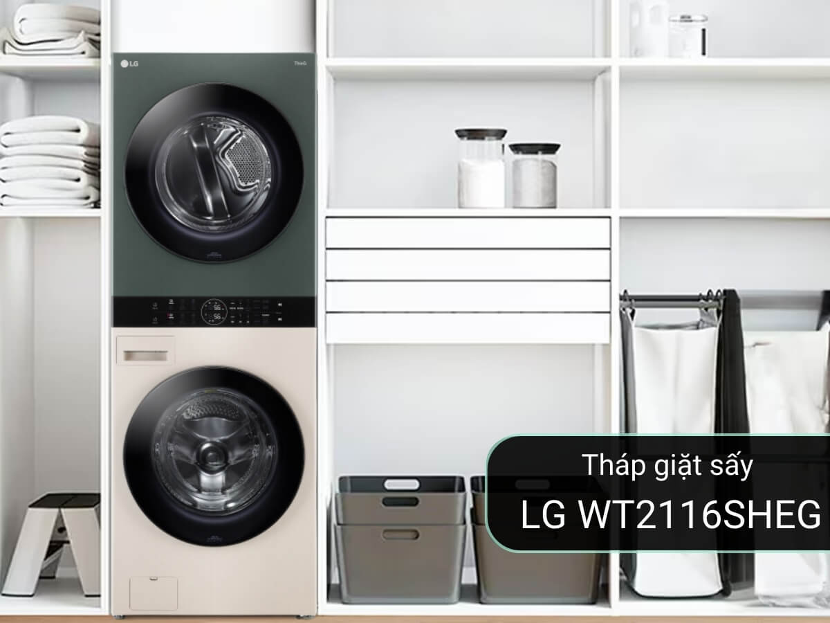 Tháp giặt sấy LG WT2116SHEG thiết kế độc đáo, sang trọng, khối lượng giặt 21kg, sấy 16kg