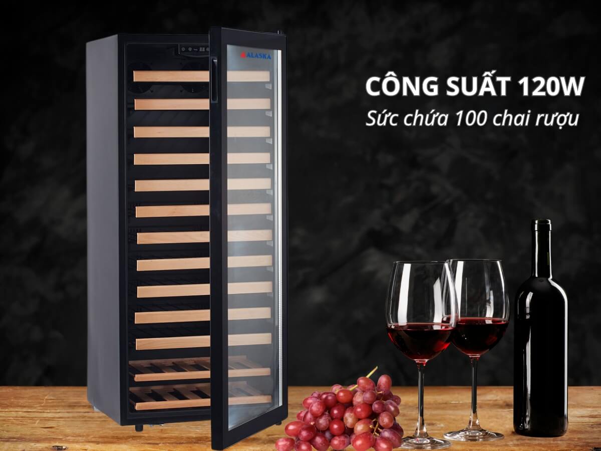 Công suất 120W, sức chứa 100 chai rượu vang