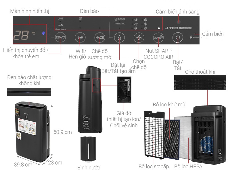 chi tiết các bộ phận máy lọc không khí và tạo ẩm sharp ki-n40v-h