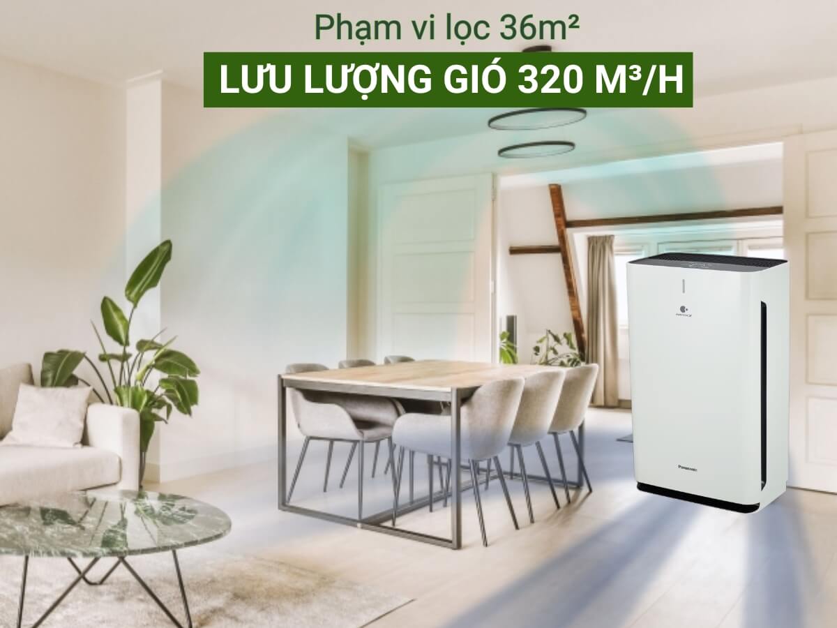 Phạm vi lọc 36m² với lưu lượng gió 320 m³/h, luồng gió tuần hoàn 3D