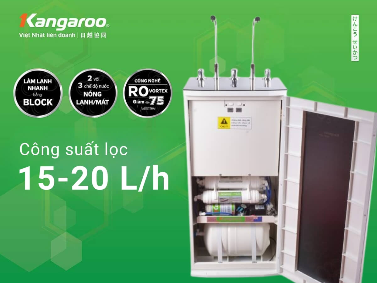 Công suất lọc 15-20 L/h, dung tích bình chứa lớn