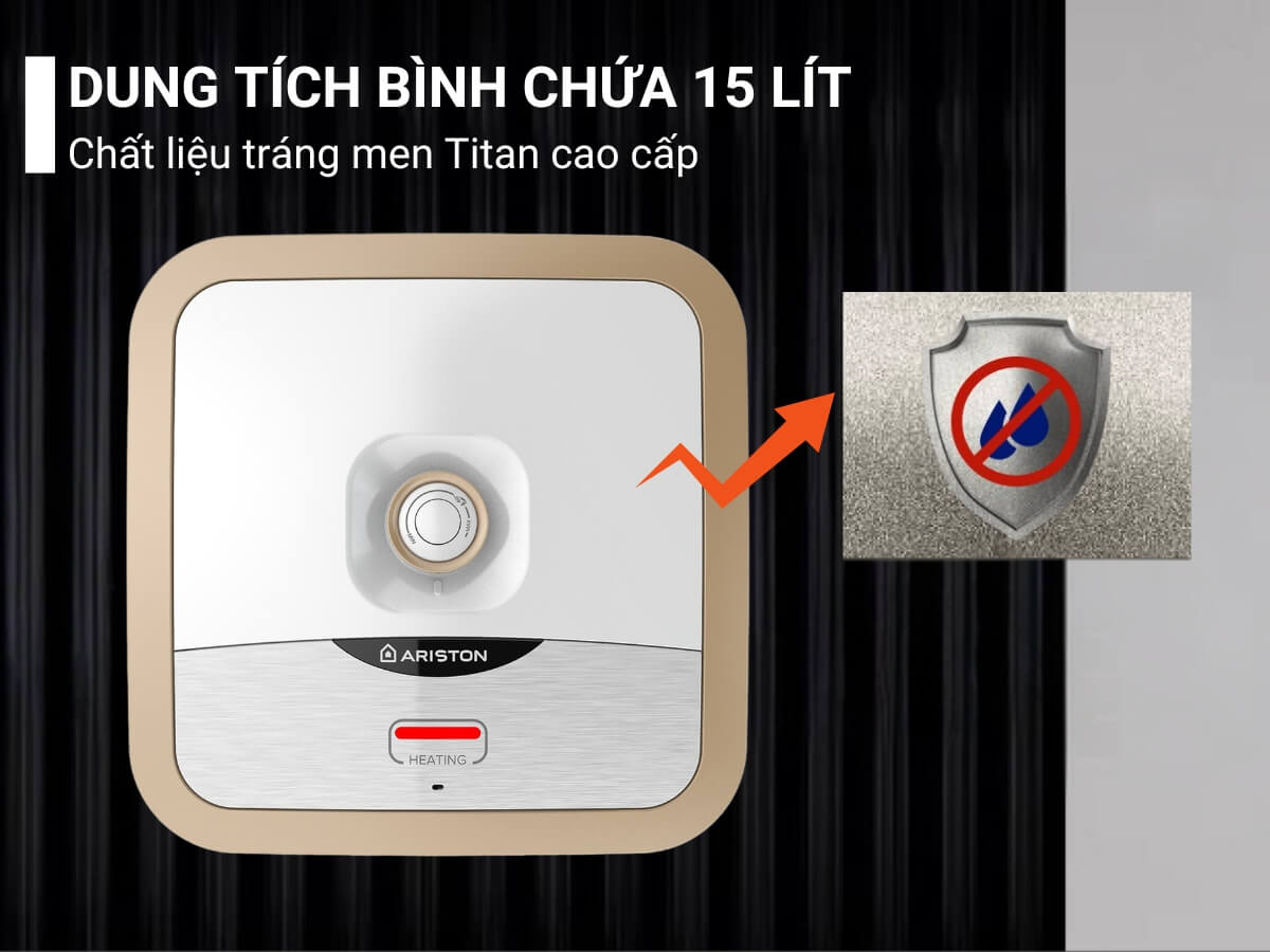 Dung tích bình chứa 15 lít, chất liệu tráng men Titan cao cấp