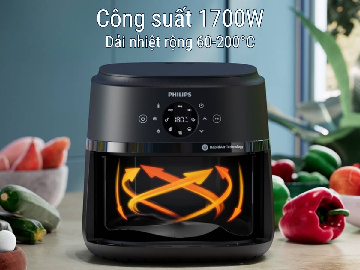 Công suất 1700W, dải nhiệt rộng 60-200°C, hẹn giờ đến 60 phút