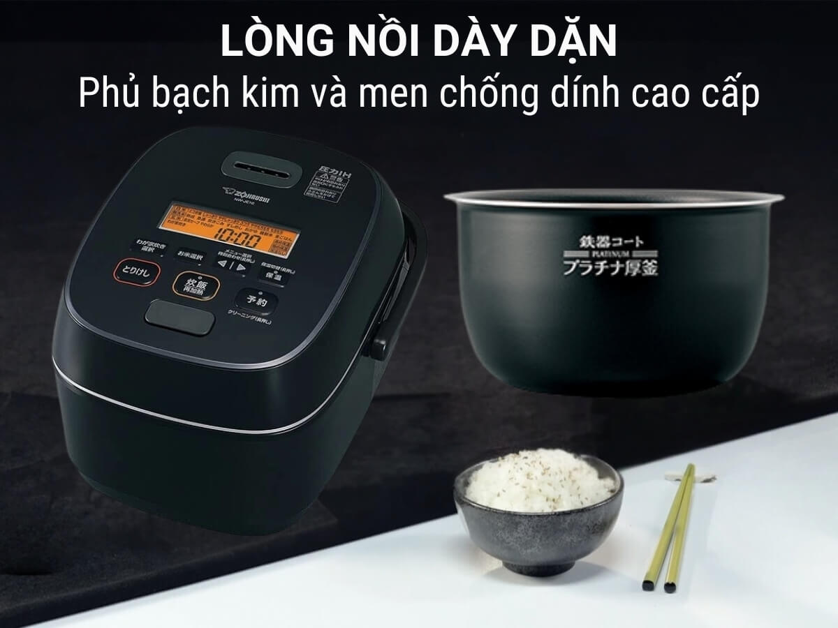 Lòng nồi dày dặn, phủ bạch kim và men chống dính cao cấp