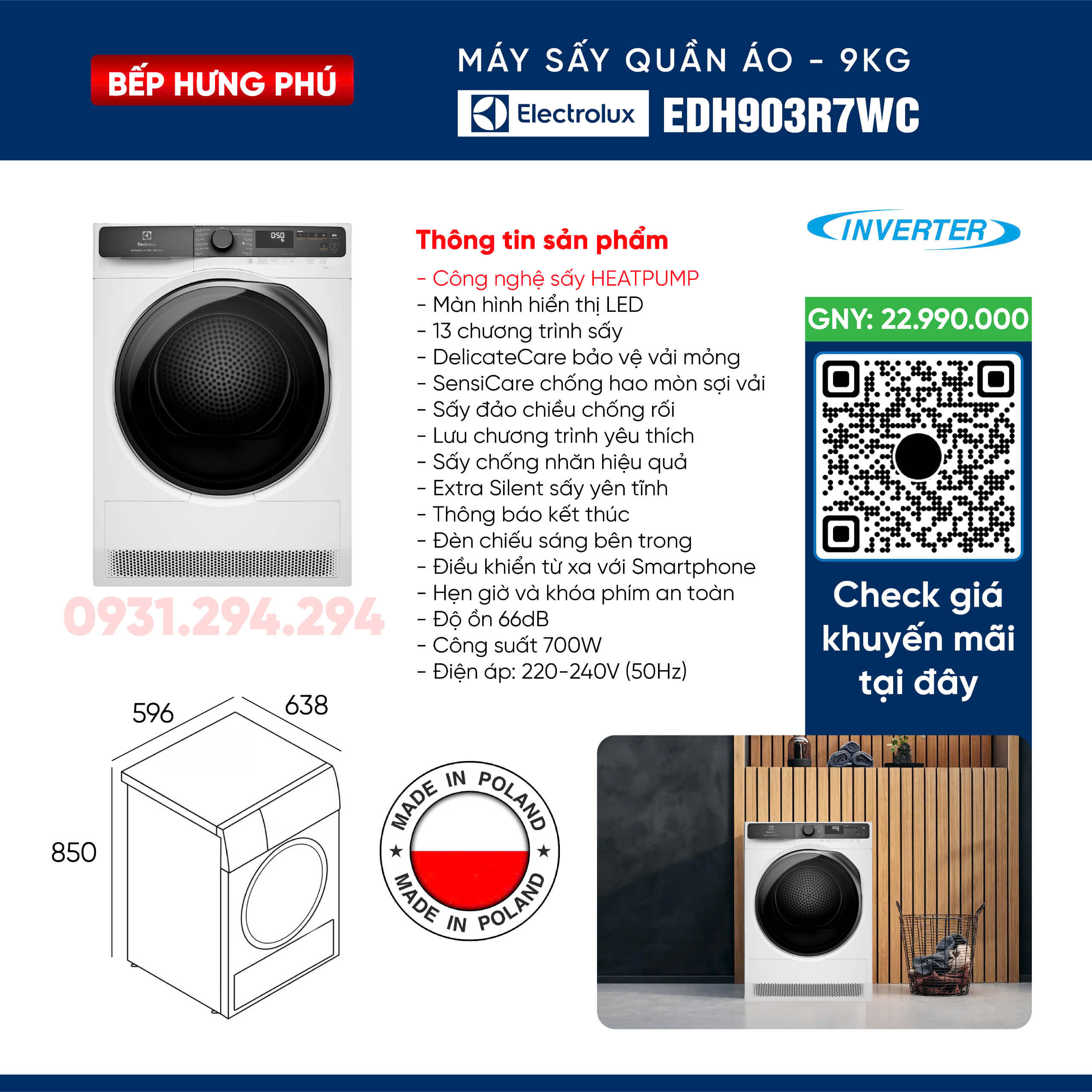 Máy sấy Electrolux EDH903R7WC 9kg