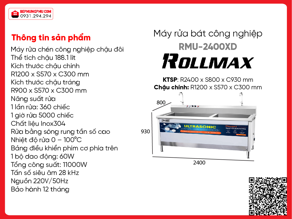Máy rửa chén công nghiệp Rollmax RMU-2400XD
