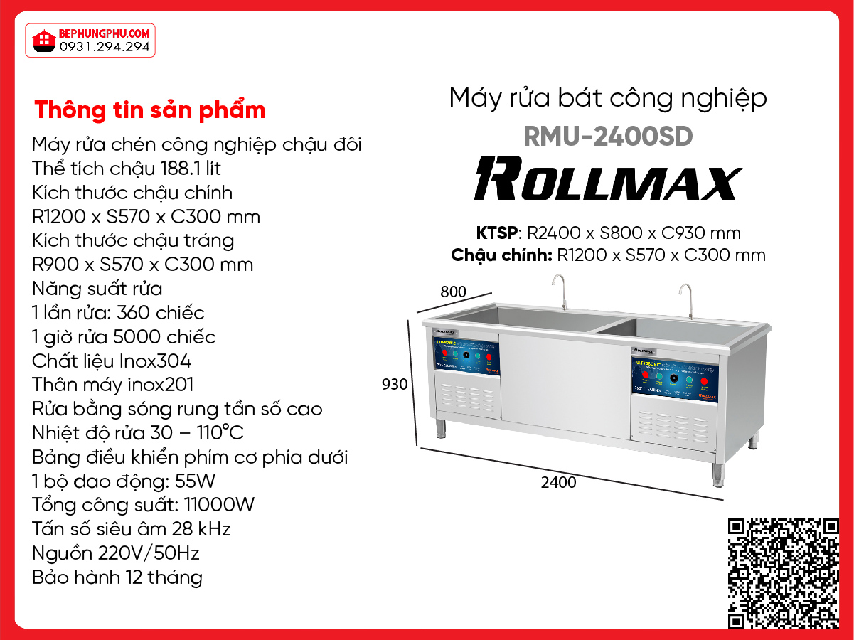 Máy rửa chén công nghiệp Rollmax RMU-2400SD