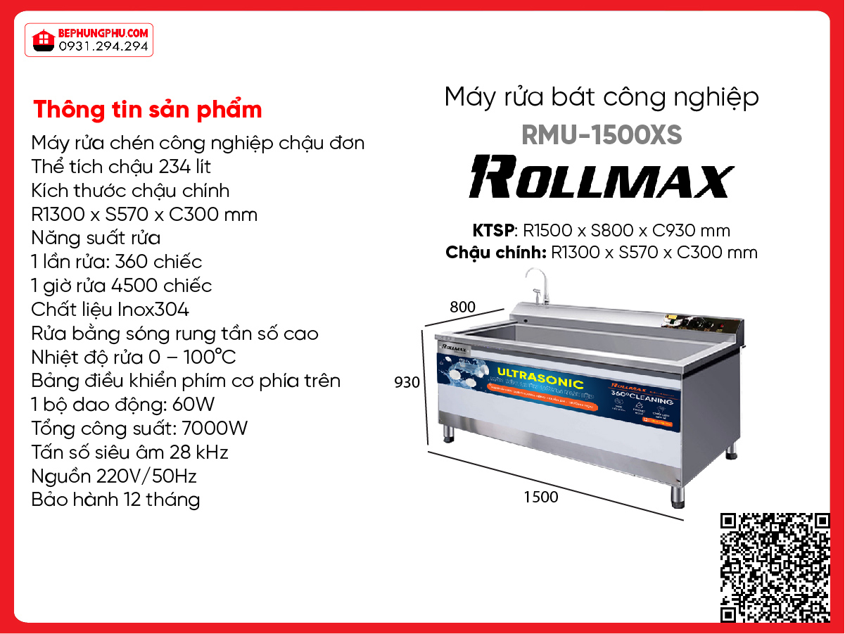 Máy rửa chén công nghiệp Rollmax RMU-1500XS