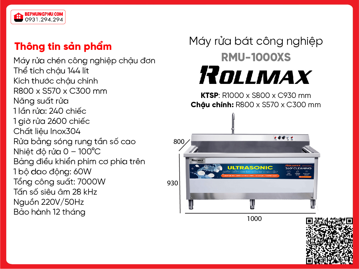 Máy rửa chén công nghiệp Rollmax RMU-1000XS