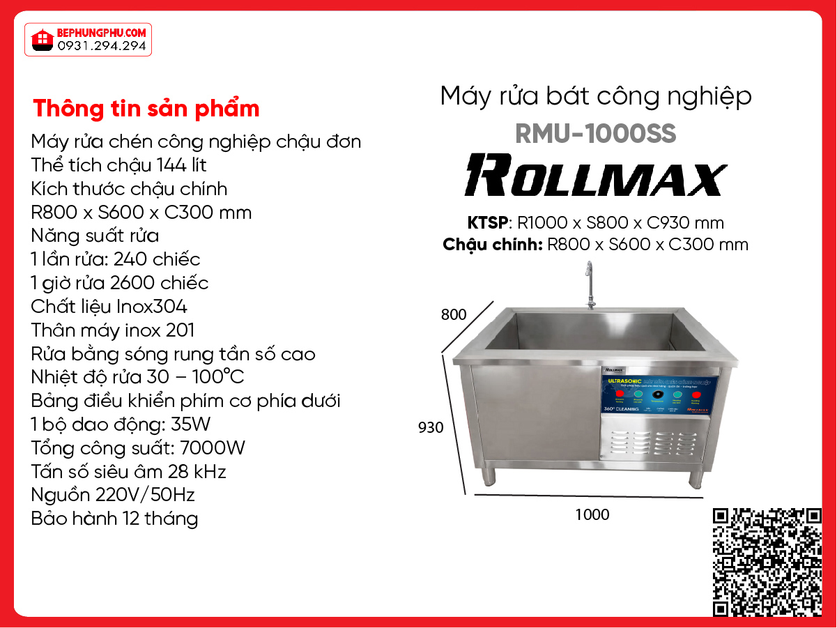Máy rửa chén công nghiệp Rollmax RMU-1000SS