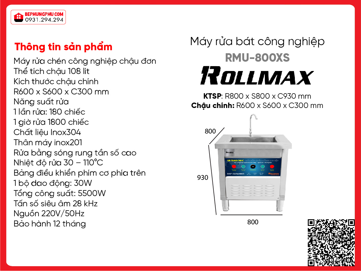 Máy rửa chén công nghiệp Rollmax RMU-800SS