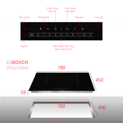 Bếp từ 2 vùng nấu Bosch PPI82560MS kích thước lắp đặt