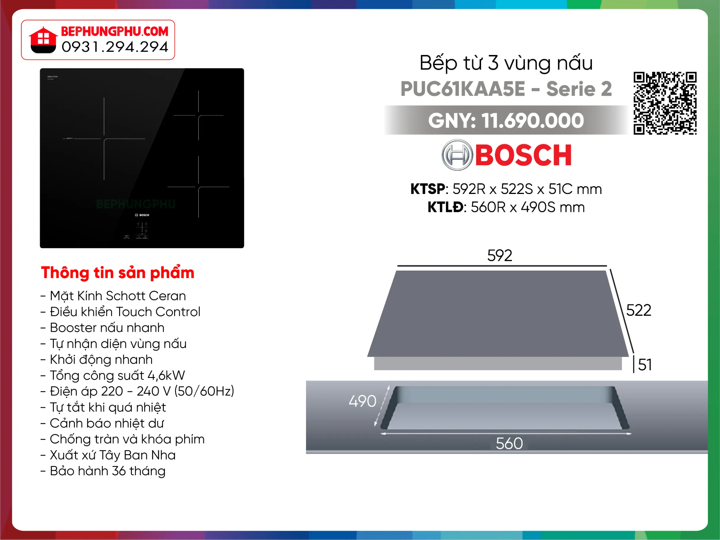Bếp từ Bosch PUC61KAA5E Bếp từ Bosch PUC61KAA5E
