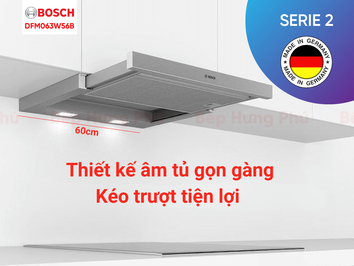 Thiết kế âm tủ dạng kéo trượt, chiều ngang 60cm