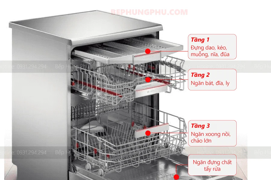 3 dàn rửa với dung tích 14 bộ đồ ăn châu Âu
