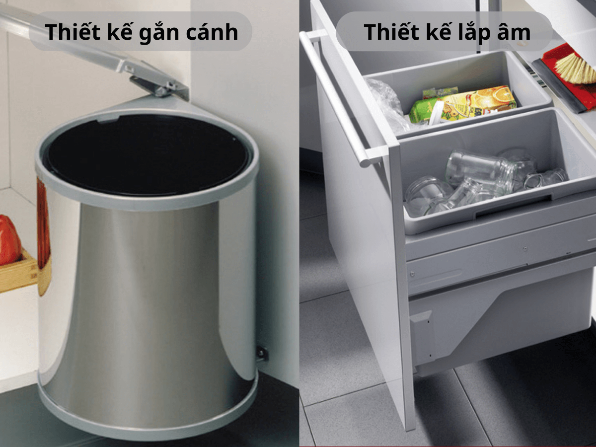 Thùng rác Hafele có 2 loại là thiết kế gắn cánh và âm hoàn toàn trong tủ bếp